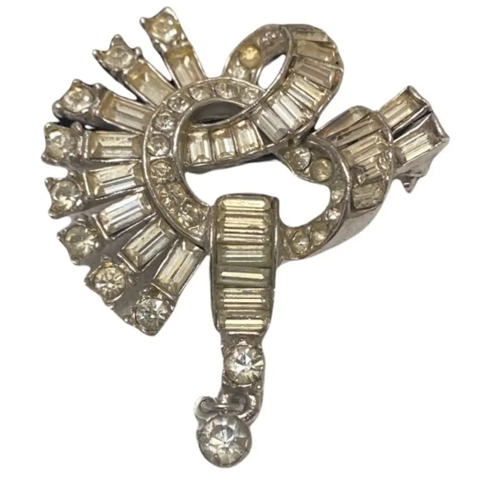 Vintage 1940’s Reinad Art Deco Clear Baguette And Round Rhinestone Brooch - Picture 4 of 10
